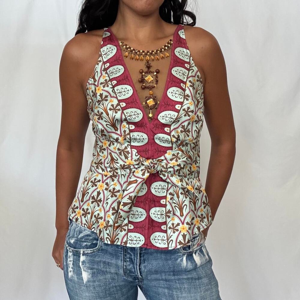Y2K 2000s silk paisley v-neck tank top mesh beaded Small US4
